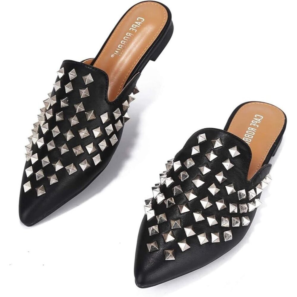Cape Robbin Enny Silver Studded Mules Black Women SZ‎ 6.5